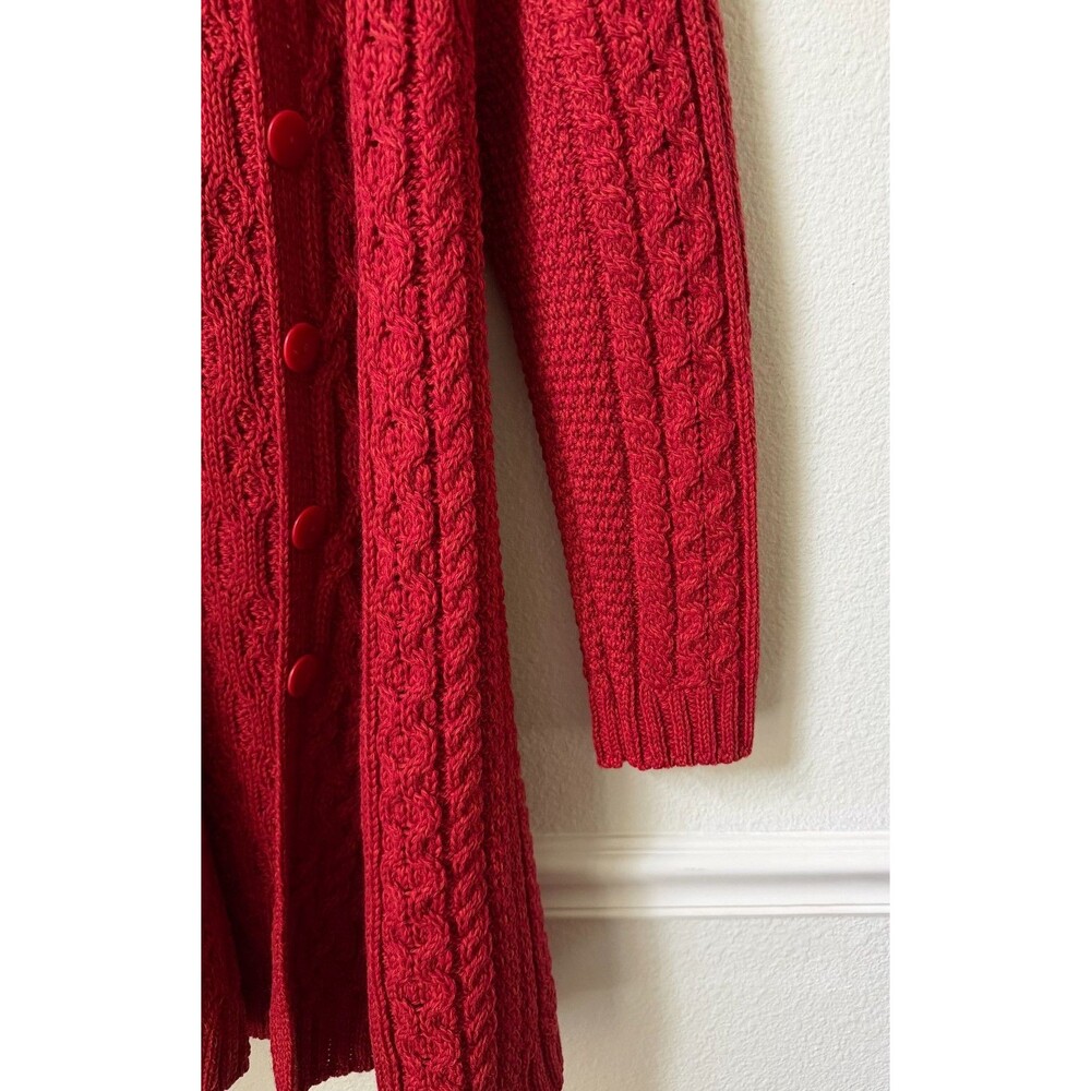 Blarney Ireland 100% Merino Wool Long Cable Knit Sweater L Made in Ireland Red - Picture 8 of 11